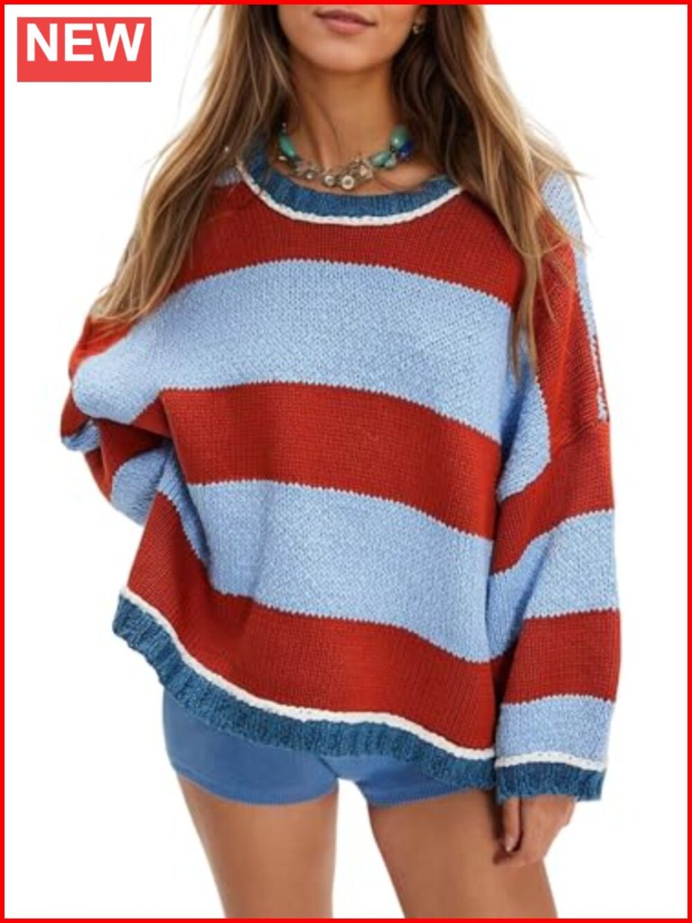 Chunky Knit Striped Oversized Pullover Sweater, Cotton Blend, Long Sleeve Crew